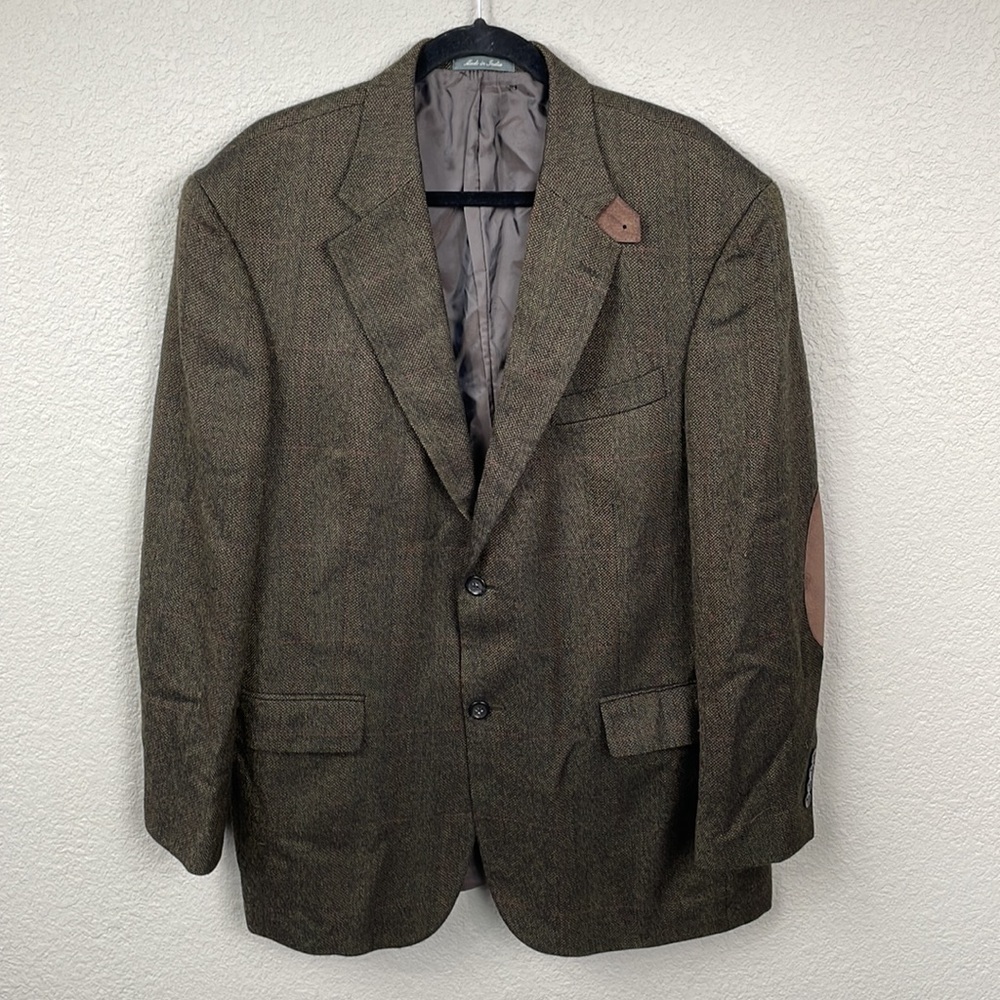 Oscar de la Renta Elbow Patch Sport Coat Blazer Wool Herringbone Plaid 44R